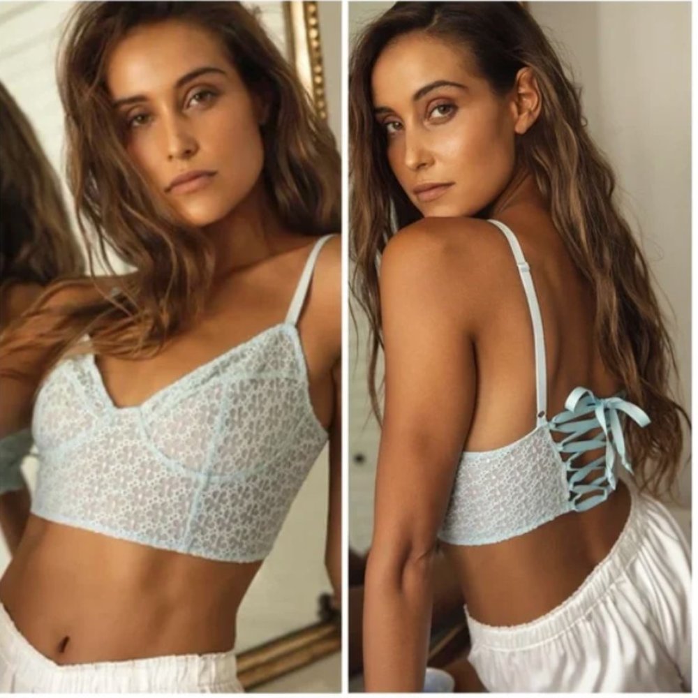 Free People Lele Light Blue Embroidered Lace-Up Longline Bra L
